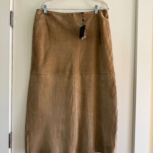 Massimo Dutti Straight Fit Suede Midi Skirt - Stone - L
